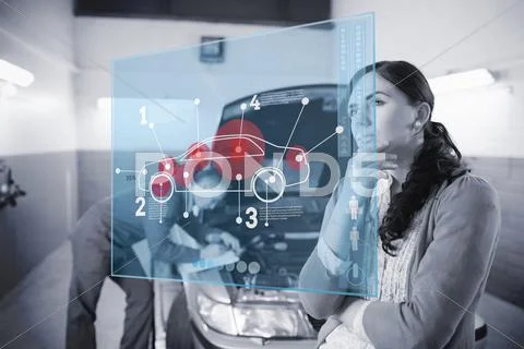 Doubtful customer looking at futuristic interface next to a mechanic Stock Photos
