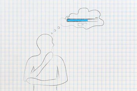 Doubtful man and comic bubble with progress bar loading in his thoughts 스톡 일러스트