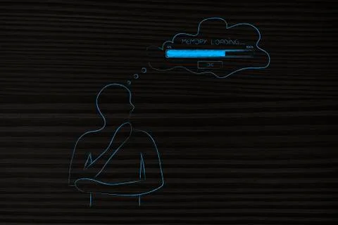 Doubtful man and comic bubble with Memory Loading progress bar in his thought Stock Illustration