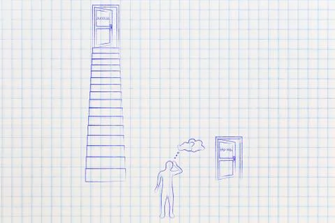 Doubtful man choosing between Hard work vs easy path with door up stairs me.. Stock Illustration