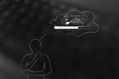 Doubtful man with comic bubble with Memory Loading icon made of lightbulb gea Illustrazione stock