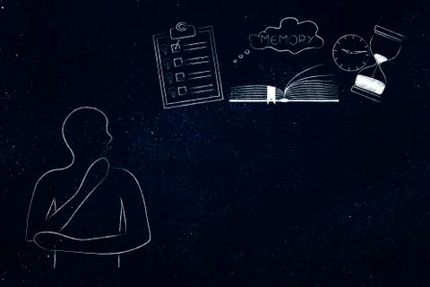 Doubtful man next to memory icon made of book to do list and hourglass Illustrazione stock