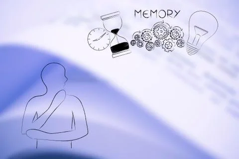 Doubtful man next to memory icon with light bulb gearwheels and hourglass Stock Illustration
