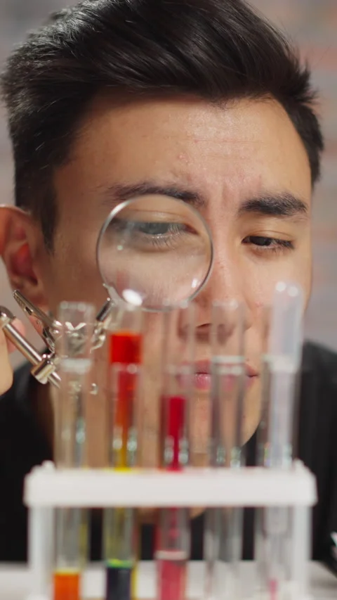 Doubting man looks at materials sample doing tests in lab Stock Footage 310863439