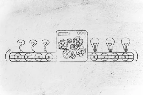 From doubts (question marks) to ideas, factory illustration Stock Illustration