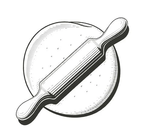 Dough and rolling pin. Baking. Vintage etching style, Isolated on white backg Stock Illustration