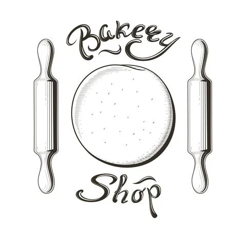 Dough and rolling pin. Baking. Vintage etching style, Isolated on white backg Stock Illustration