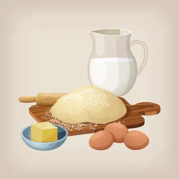 The dough on the board with a rolling pin. Eggs, butter, and milk jug. Vector Stock Illustration