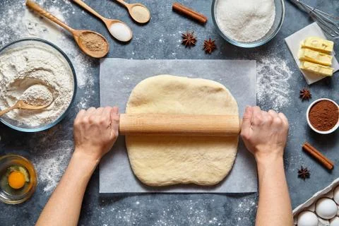 Dough bread, pizza or pie recipe homemade preparation. Female chef cook hands Stock Photos