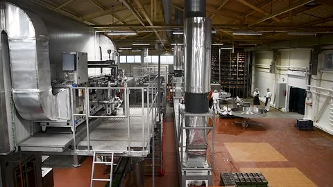 Dough for bread production in a bakery on an automated conveyor belt. Bread p Stock-Footage 195954054