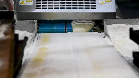 Dough for bread production in a bakery on an automated conveyor belt. Bread.. Видео 237383859