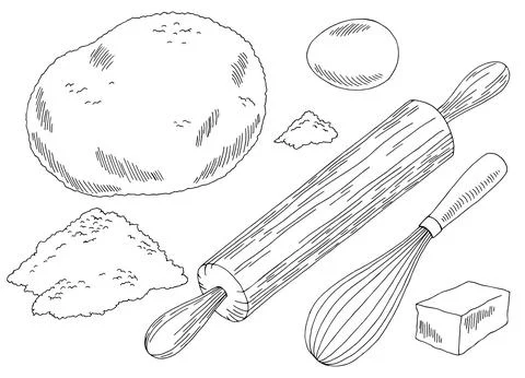 Dough flour rolling pin graphic black white isolated sketch illustration vector Stock Illustration