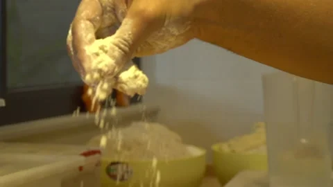 Dough Kneading Process, Hands Working with Fresh Ingredients for Baking Stock Footage 300889447