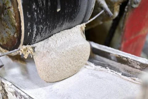 Dough moving on conveyor in bakery processing area during food production Stock Photos