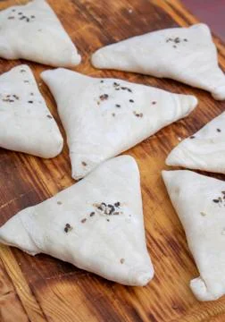 Dough preparation for samsa, vertical composition. Nobody 스톡 사진