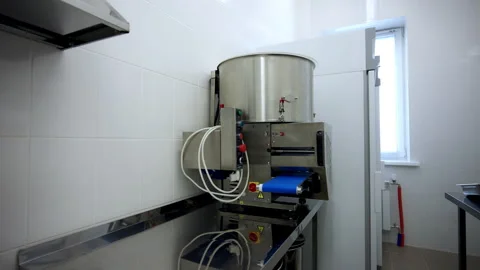Dough processing machine stands on stainless steel table Stock Footage 333212455