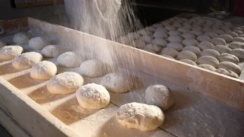 Dough rolling, bread making, pizza dough, dough making, flour, dough, Stock Footage 228805479
