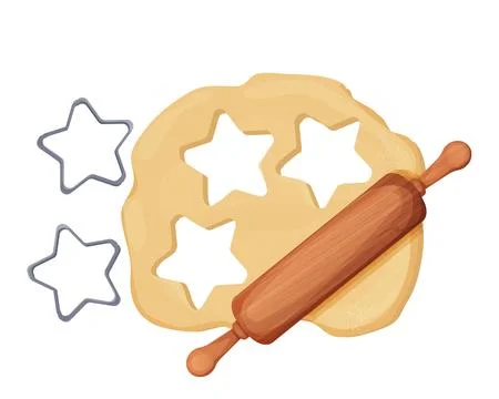 Dough with rolling pin cookie cutter star shape top view cartoon style isolated Stock Illustration