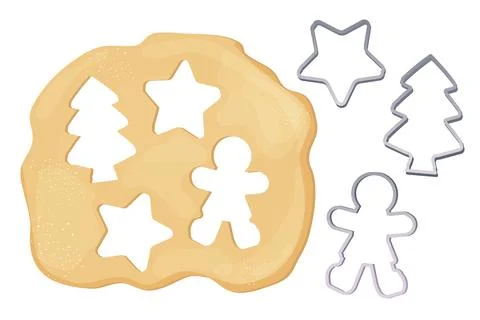 Dough with rolling pin cookie cutter star, man, christmas tree shapes shape top Illustrazione stock