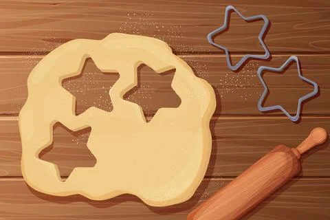 Dough with rolling pin cookie cutter star shape top view cartoon style on wooden Illustrazione stock