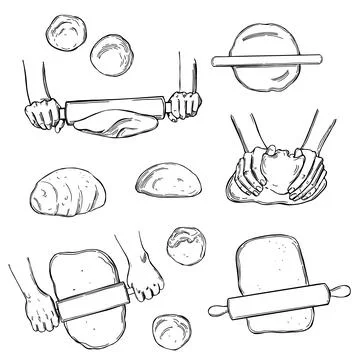 Dough set, hands rolling the dough.  Sketch  illustration. Stock Illustration