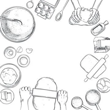 Dough set, hands rolling the dough.  Sketch  illustration. 스톡 일러스트