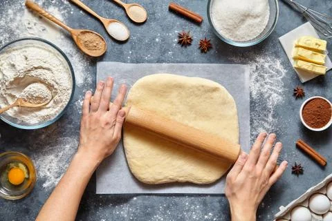 Dough work, bread, pizza or pie recipe homemade preparation. Female chef cook Stock Photos