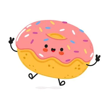 Doughnut jumping character. Vector hand drawn cartoon kawaii character illu.. Stock Illustration