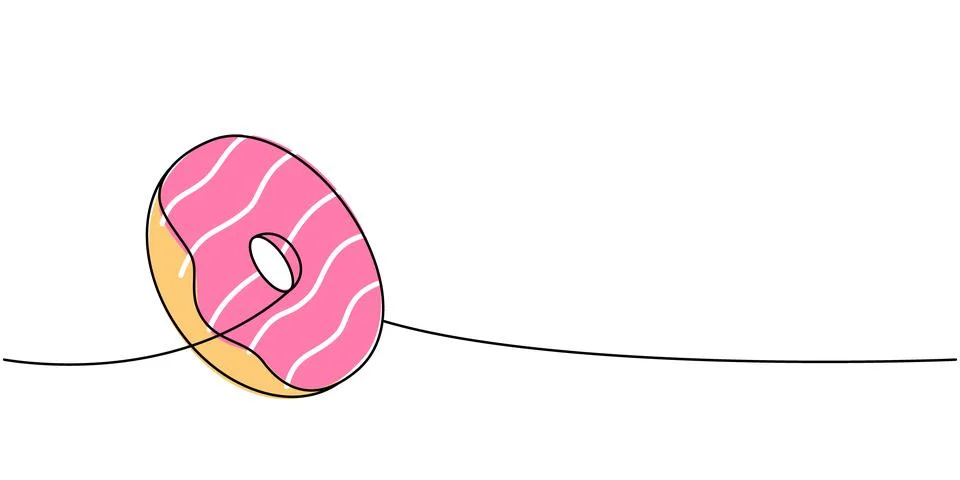 Doughnut one line colored continuous drawing. Bakery sweet pastry food. Vector Stock Illustration