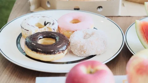 Doughnut on plate. Stock Footage 104069829