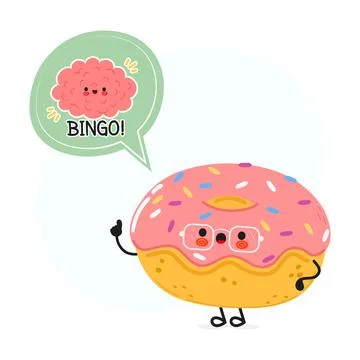 Doughnut with speech bubble and brain character. Vector hand drawn cartoon .. Stock Illustration
