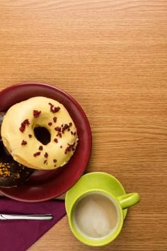 Doughnuts breakfast overhead shot Stock Photos