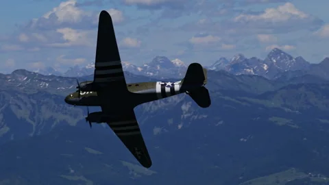 Douglas C-47 Skytrain Vintage Plane Flying Over Snowy Swiss Alps Mountains Stock Footage 328033520