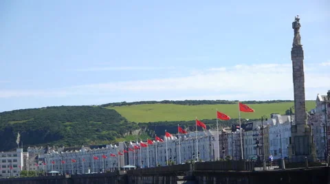 Douglas, Isle of Man with Flags on Beach Stock Footage 42786999