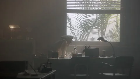 Douglas MacArthur stands to look out window, World War II, 1940s - Reenactment Vídeo Stock 202533941