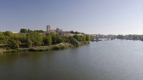 The Douro River passes through the city of Zamora Stock Footage 115587770