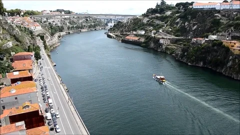 Douro River Top View from Dom Luís I Bridge in Porto, Portugal Stock Footage 77838786