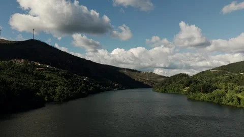 Douro River Valley Forested Hills Dramatic Clouds Viewed from Boat Portugal Stock Footage 336197024