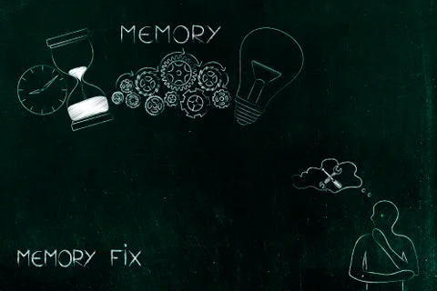 Doutful man with wrench in thought bubble next to Memory icon made of light b Stock Illustration