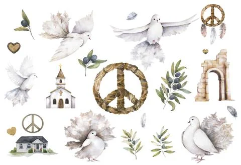 Dove and olive branch, peace sign, watercolor illustration, watercolor bird Stock Illustration