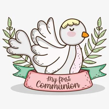 Dove with branches leaves to first communion event Stock Illustration