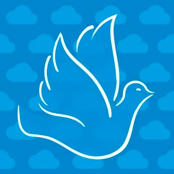 Dove flying over cloudy sky in blue and white tones. Stock Illustration