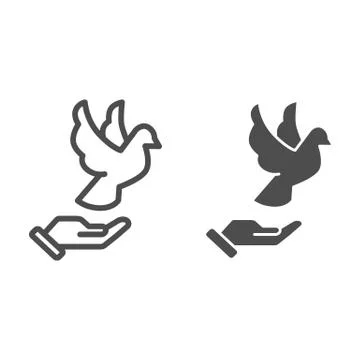 Dove on hand line and solid icon, world peace day concept, flying pigeon and 库存插图