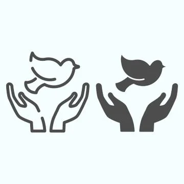 Dove in the hands line and solid icon. Dove of peace vector illustration Stockillustratie