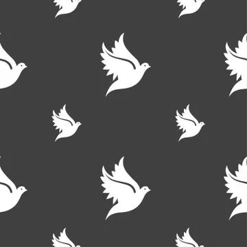 Dove icon sign. Seamless pattern on a gray background. Vector Stock Illustration