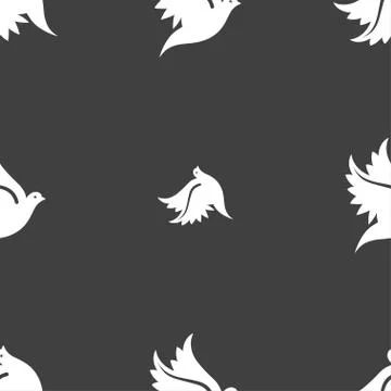 Dove icon sign. Seamless pattern on a gray background. Stock Illustration