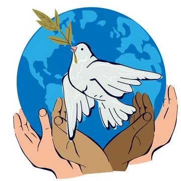 Dove with olive branch in human hands. Dove for peace and no war. Stock Illustration