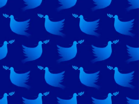 Dove with olive branch seamless pattern. Flying pigeons with a blue gradient. Illustrazione stock