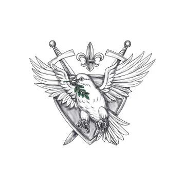 Dove Olive Leaf Sword Crest Tattoo Stock Illustration