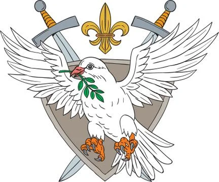 Dove Olive Leaf Sword Fleur De Lis Crest Drawing Stock-Illustration